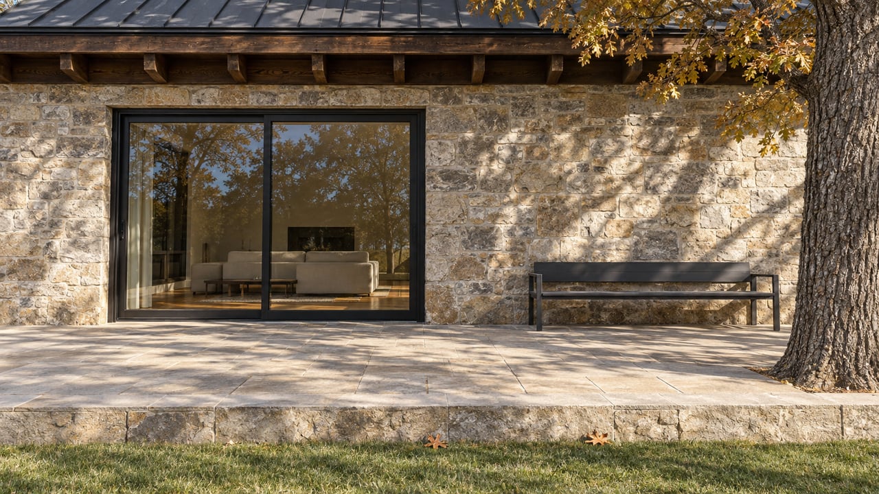 Stone and timber home with black-framed glass doors opening onto a raised sandstone terrace beside a mature oak.