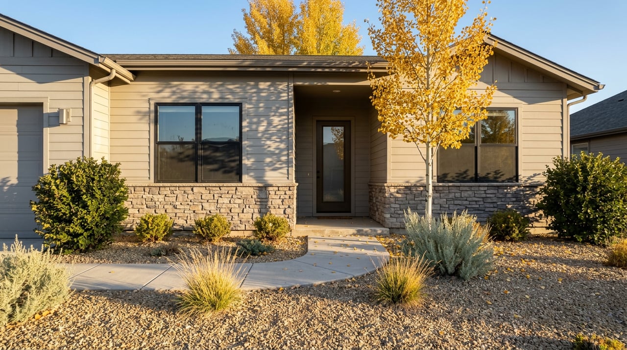 High-desert home with gray siding, stone entry, curving concrete path, and golden aspen amid gravel landscaping.