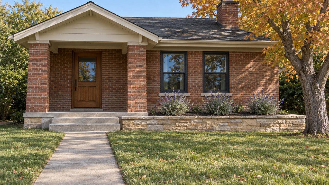 Brick bungalow with a covered porch, black-framed windows, sandstone garden wall and autumn-colored maple beside a deep front lawn.