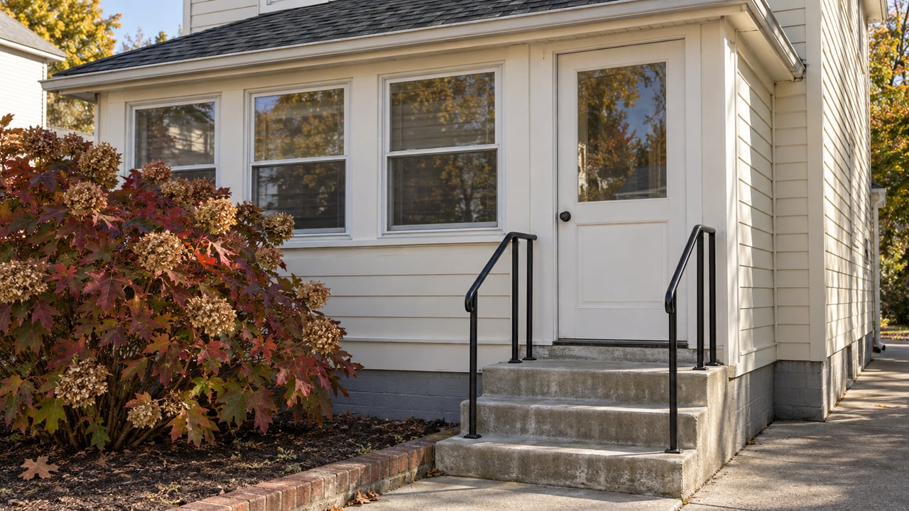 Cream clapboard house with an enclosed porch, worn concrete steps and oakleaf hydrangea in early autumn light.