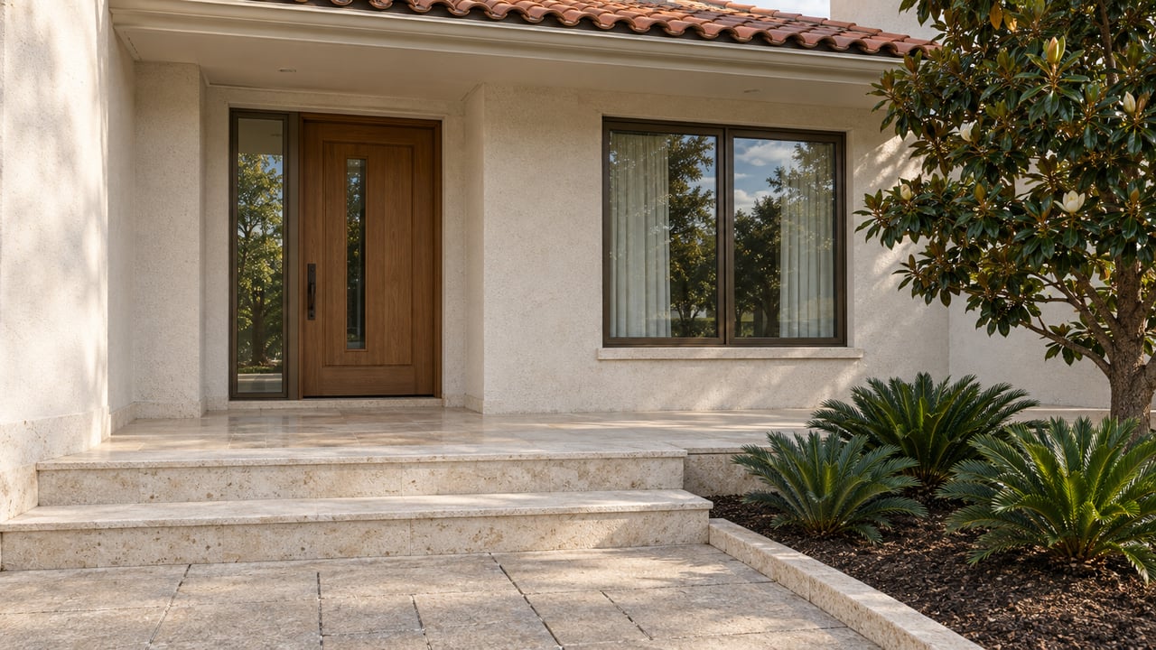 A sheltered stucco home entrance with an oak-toned door, bronze-framed window, shell-limestone steps and a magnolia beside a bounded planting bed.