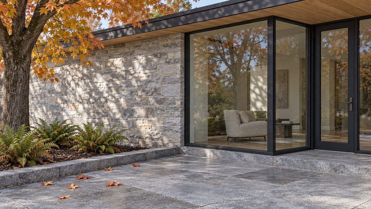 Close view of a limestone home’s glazed sitting-room corner and granite terrace beneath copper-orange sugar maple leaves.