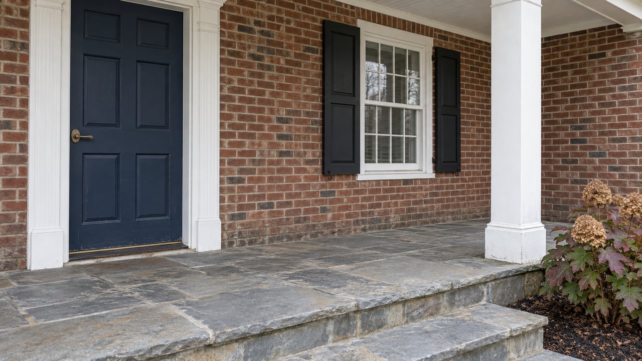 Covered brick home entry with a navy door, white trim, paired black shutters and weathered flagstone steps beside oakleaf hydrangea.