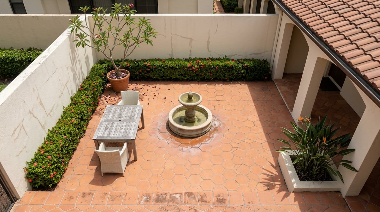 Terracotta courtyard with a central limestone fountain, teak table, woven chairs, and scattered plumeria petals.