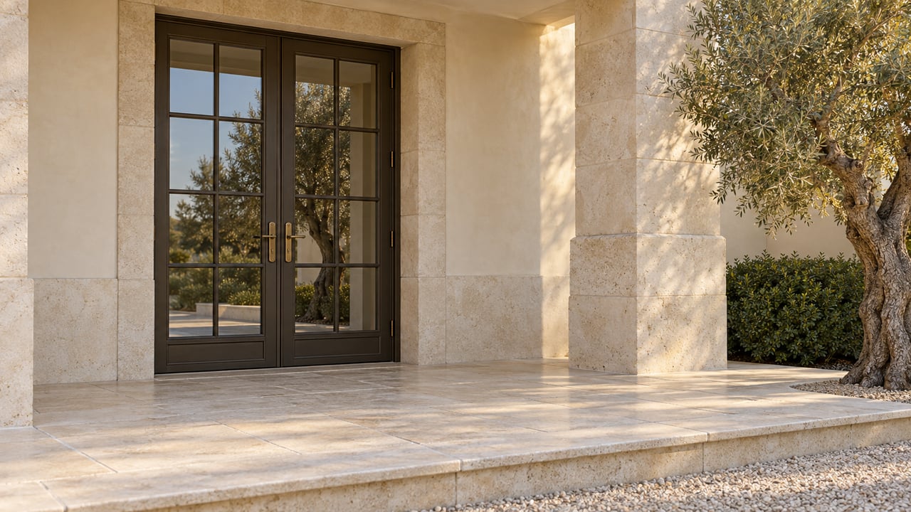Recessed bronze French doors in an ivory stucco facade, with a limestone terrace and olive tree.