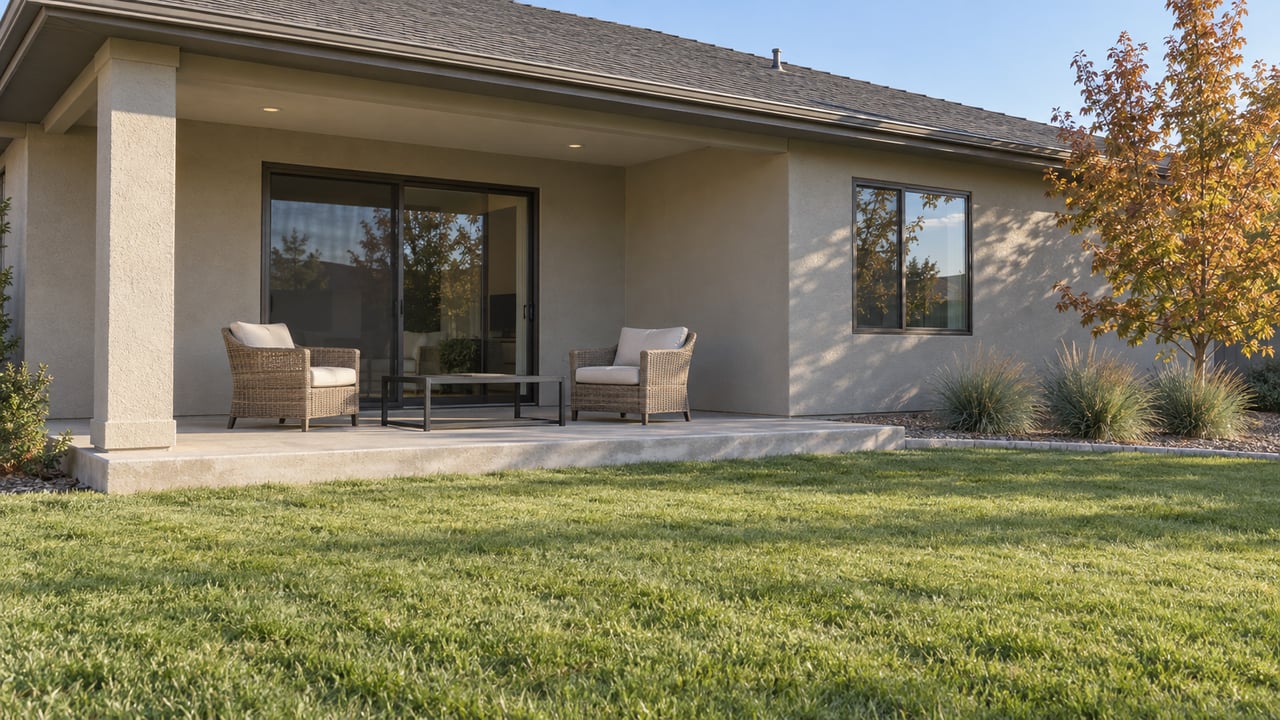Covered patio of a contemporary single-story home, with warm gray stucco, two outdoor chairs, an autumn maple and a generous lawn.