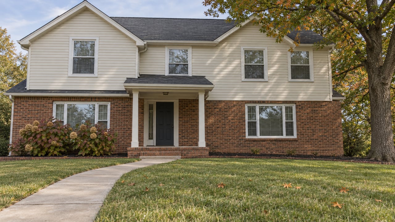 Two-story brick and cream-sided home behind a deep front lawn, with a curved concrete walk, oak tree, and autumn hydrangeas.