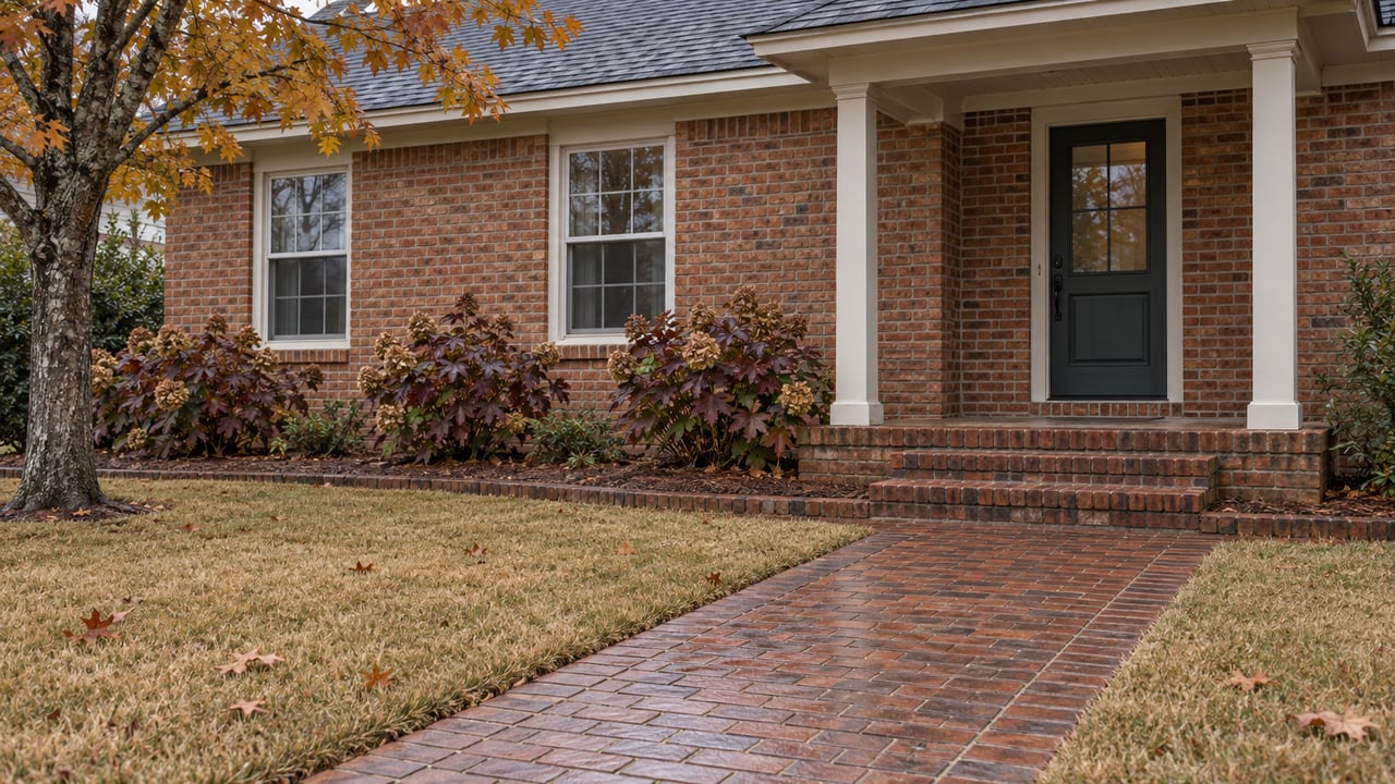 Rain-darkened brick walkway crosses a dormant lawn toward a brick home's sheltered front entry, with autumn maple leaves and oakleaf hydrangeas.