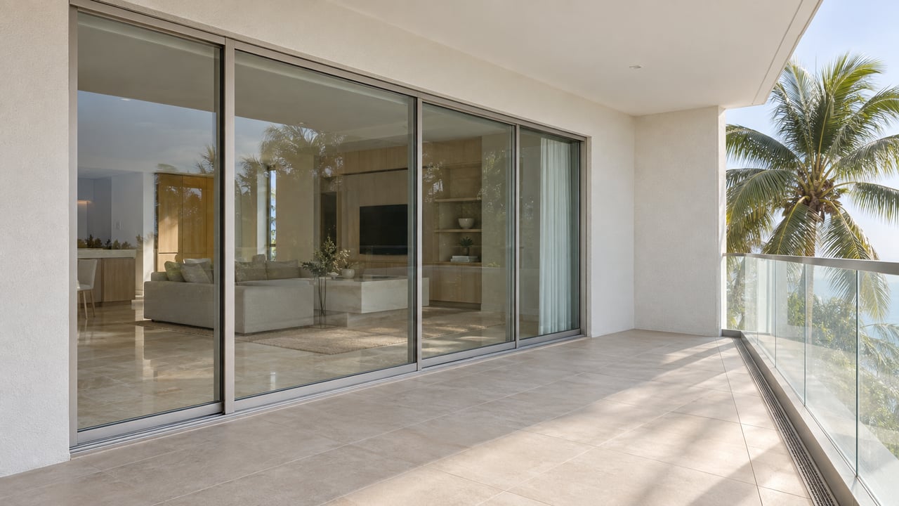 Covered terrace with sliding glass doors, sandy pavers, and a coconut palm beyond the glass balustrade.