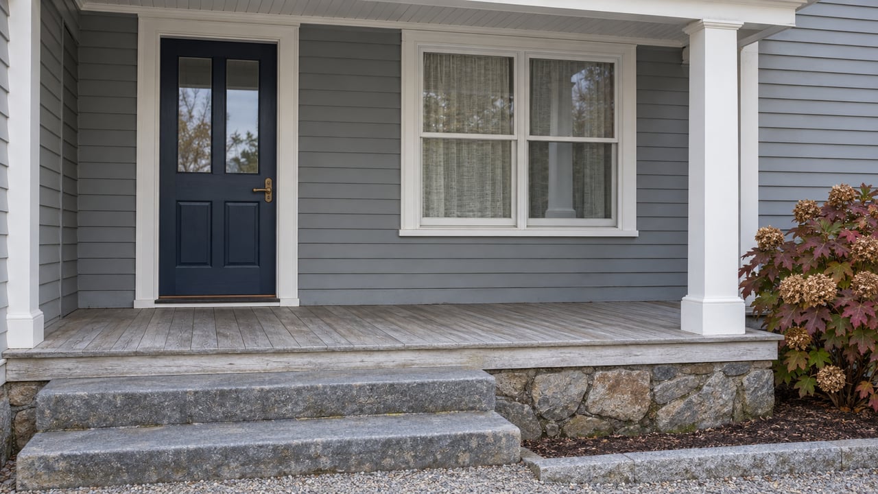 Gray clapboard home with a navy entry door, white-trimmed window, weathered covered porch, and broad stone steps beside autumn oakleaf hydrangea.