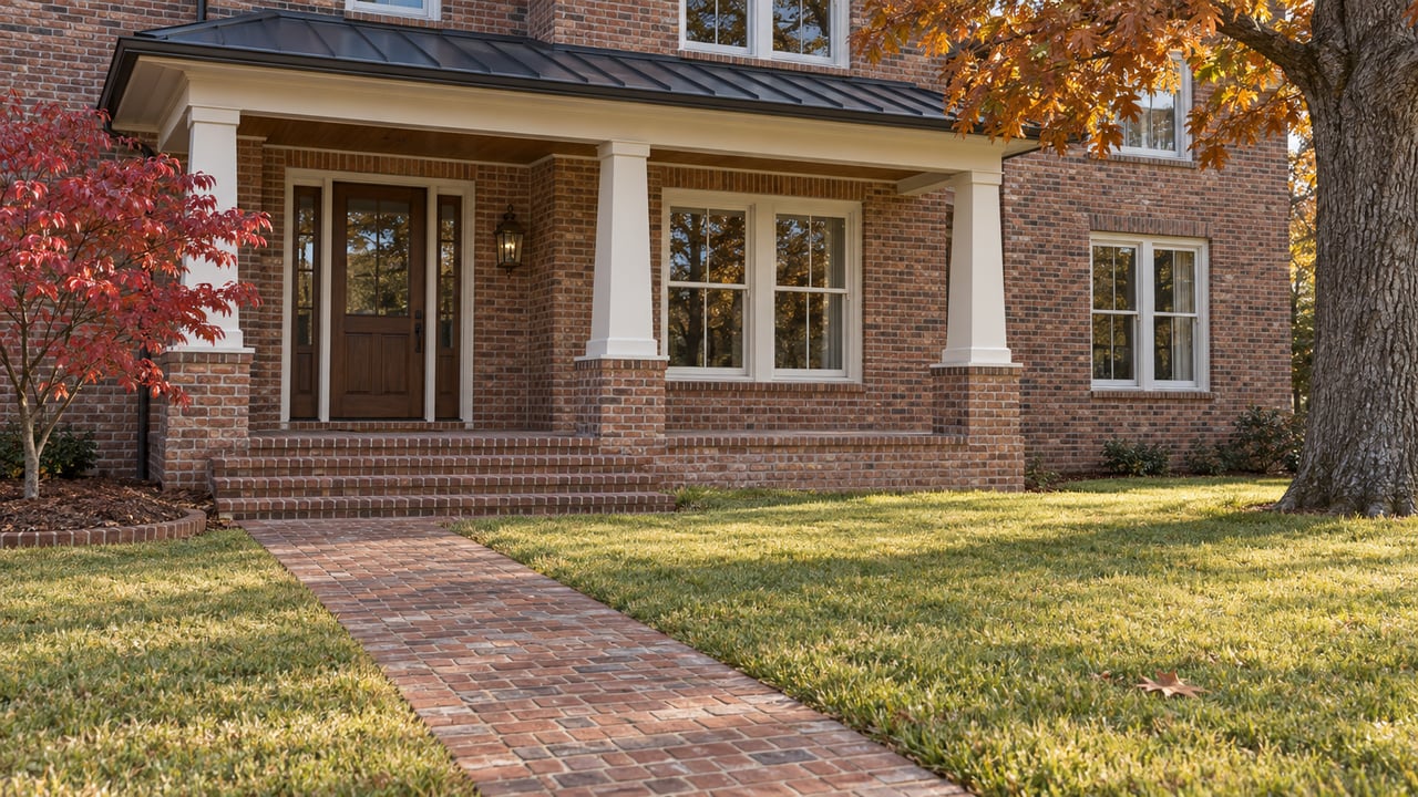 Autumn sunlight on a brick home's covered entry, brick walk and broad lawn beneath an oak canopy.