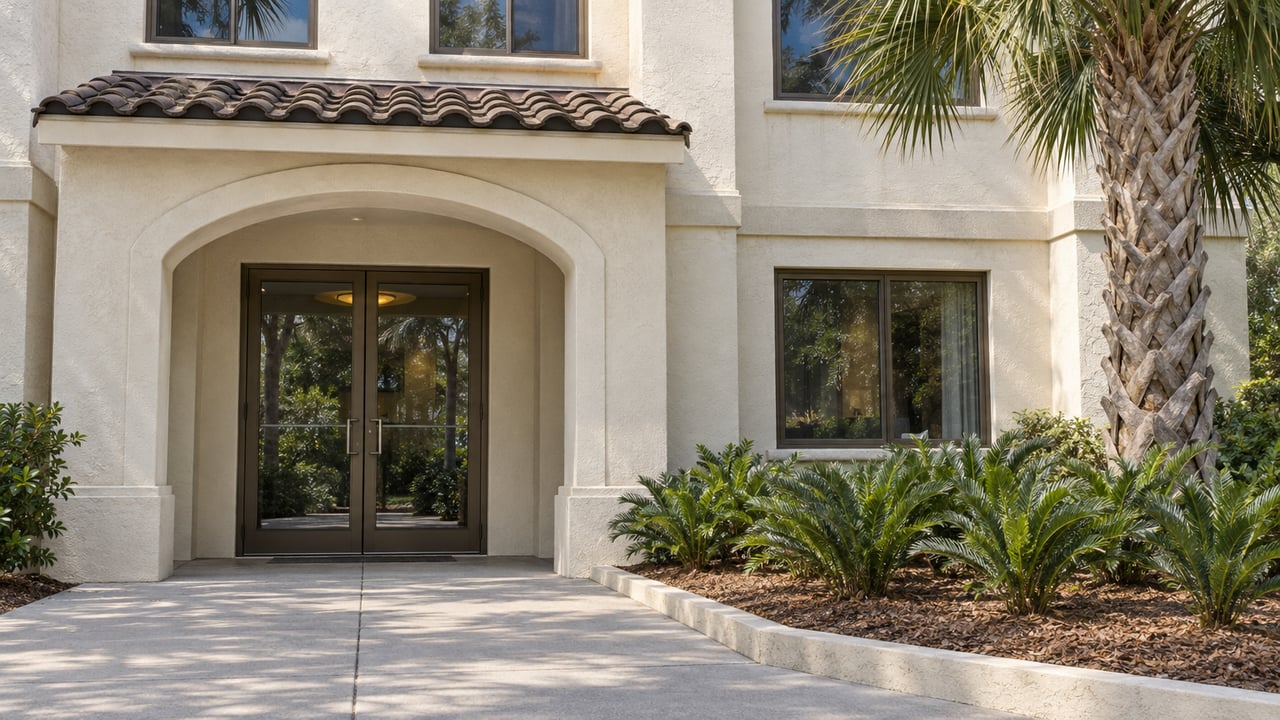 Older condominium entrance with ivory stucco, bronze-framed glass doors, clay-tile canopy and a planted approach.