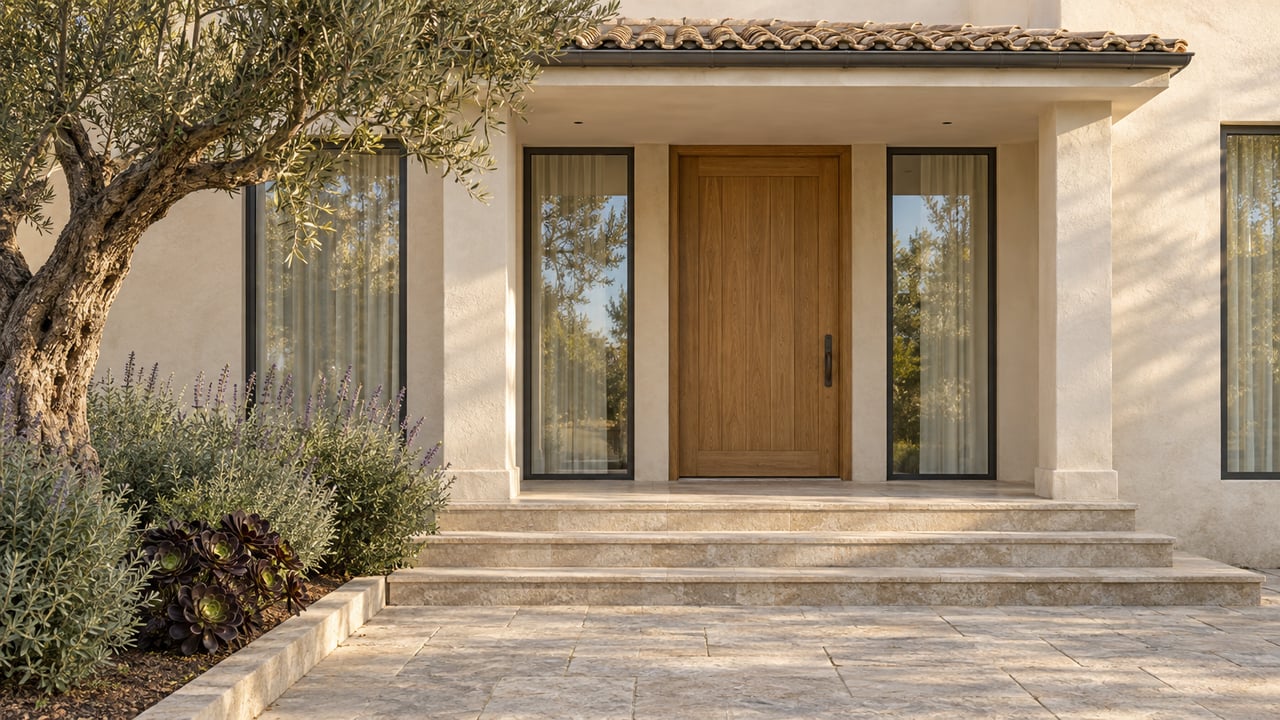 Warm ivory plaster home with a recessed oak entry, paired tall windows, limestone steps and a mature olive tree.