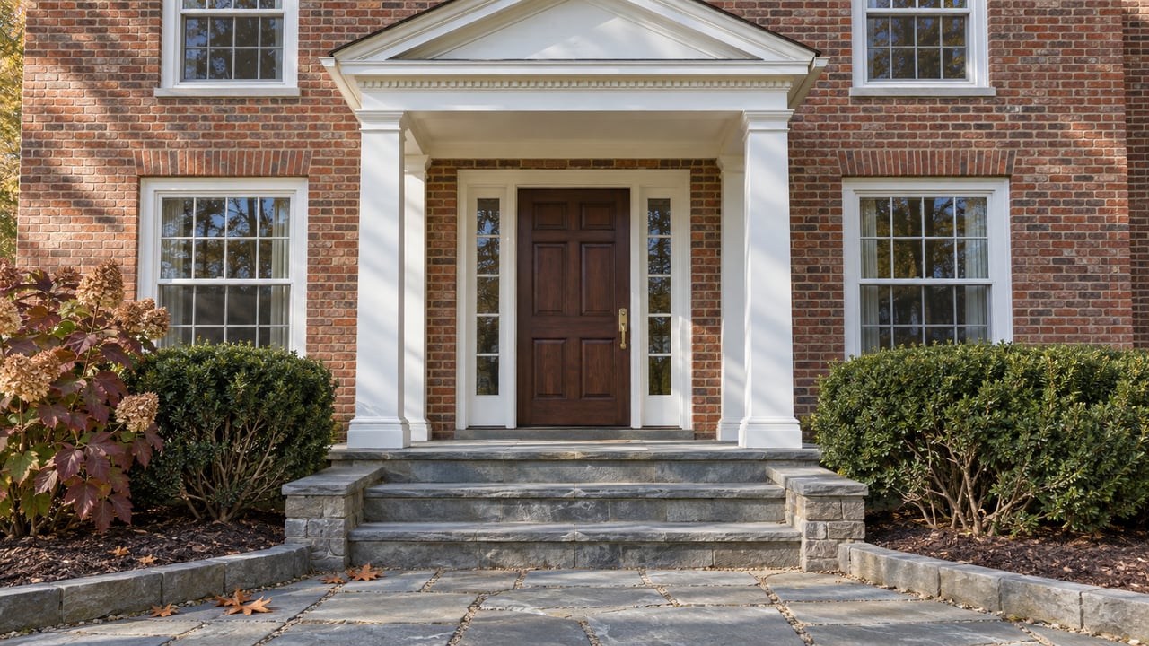Brick home's white portico and walnut front door above bluestone steps, framed by clipped shrubs and burgundy oakleaf hydrangea.