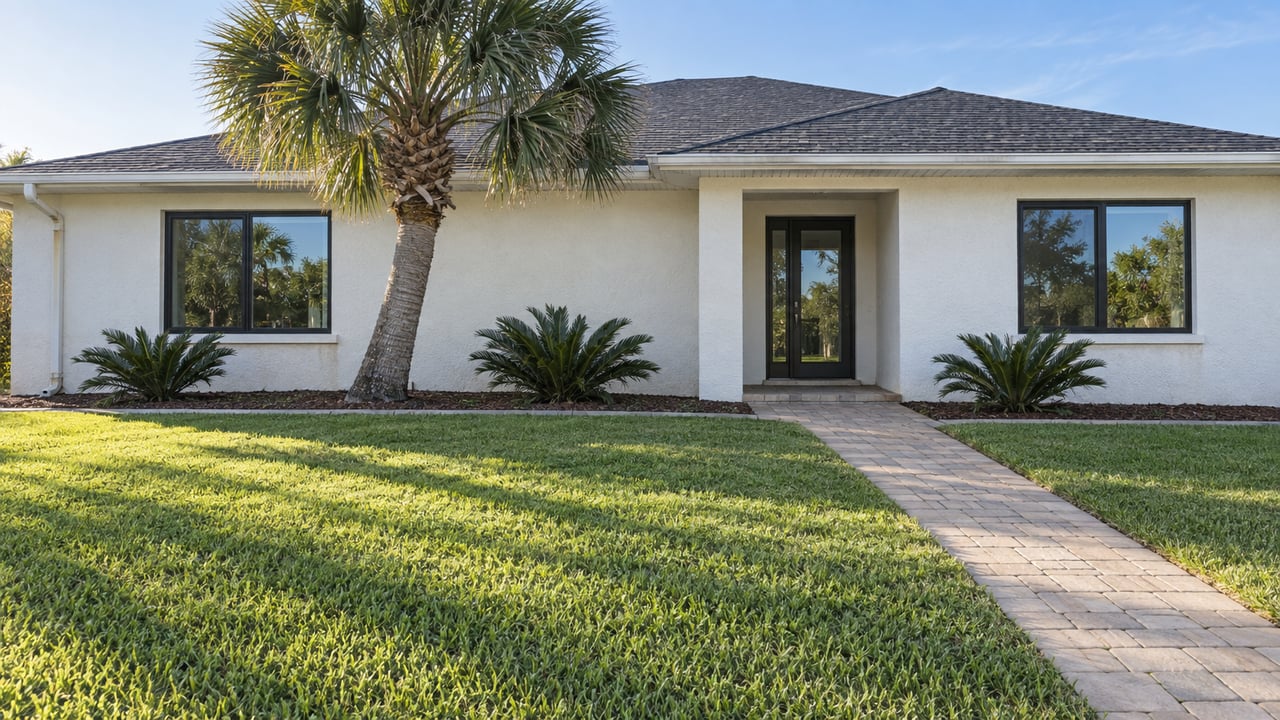 Single-story white stucco home with a palm tree, green lawn, and paver walkway to the entry.