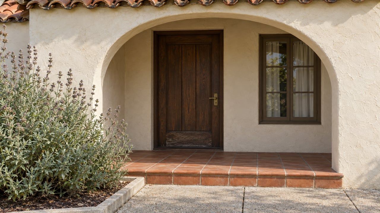 Close exterior view of a cream stucco arched porch, weathered oak front door, terracotta step and silver-green Cleveland sage.