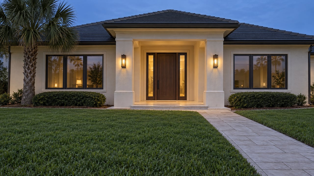 An ivory stucco home at blue hour with a softly lit covered entrance, dark tile roof, deep lawn and a sculptural palm.