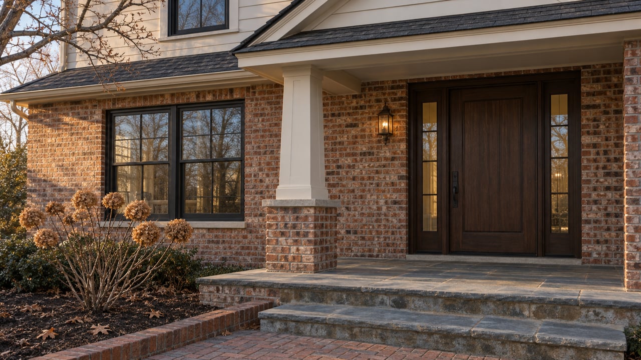 Warm late-afternoon light on a brick home's covered entry, oak door, bluestone steps and dormant oakleaf hydrangea.