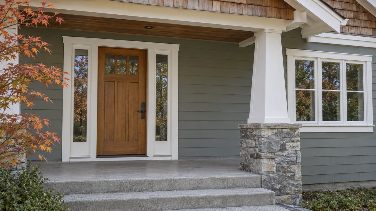 Close view of a covered home entry with a fir door, gray-green lap siding, cedar shingles, and a tapered porch post on a stone pier beside autumn maple branches.
