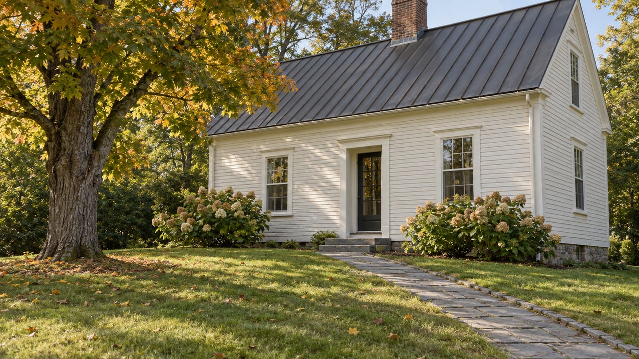Off-white historic house with a charcoal gabled roof, red-brick chimney, bluestone path, and amber-leaved maple.