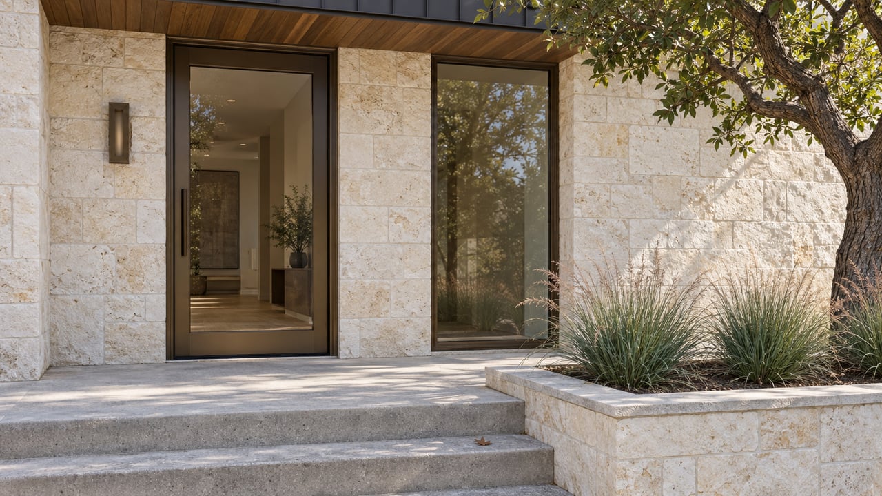 Pale limestone home entrance with a timber soffit, bronze-framed glass door and terraced autumn grasses beneath a live oak.