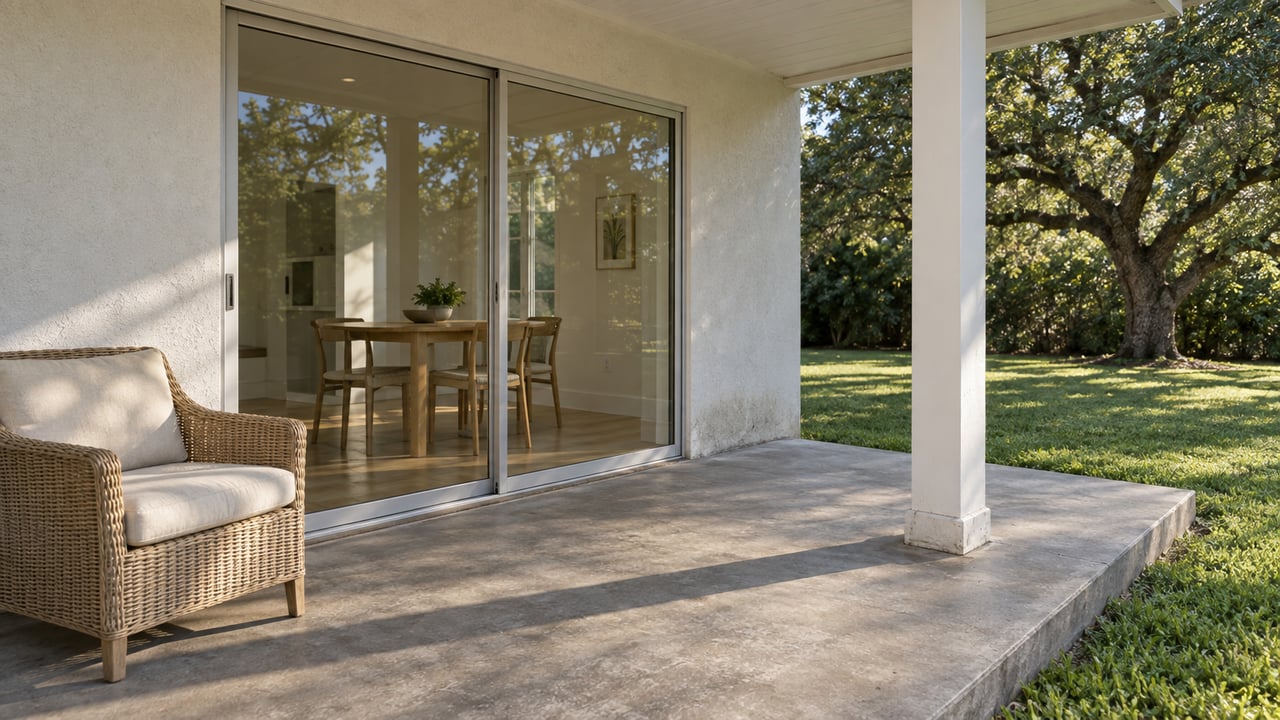 Covered patio with a wicker armchair, sliding glass doors, and a shaded lawn.