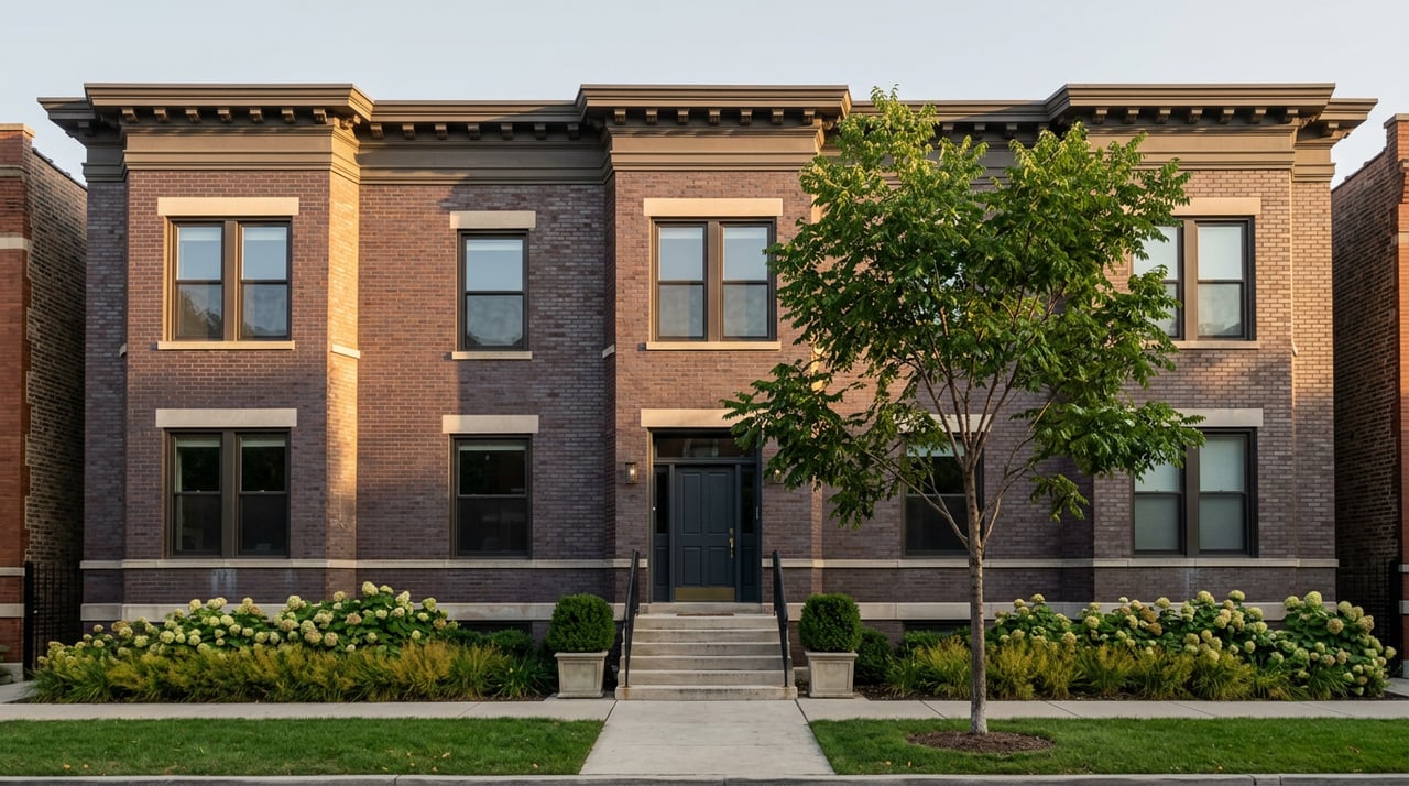 Symmetrical dark-brick three-flat with a limestone stoop, iron handrail, leafy tree, and curated foundation plantings.