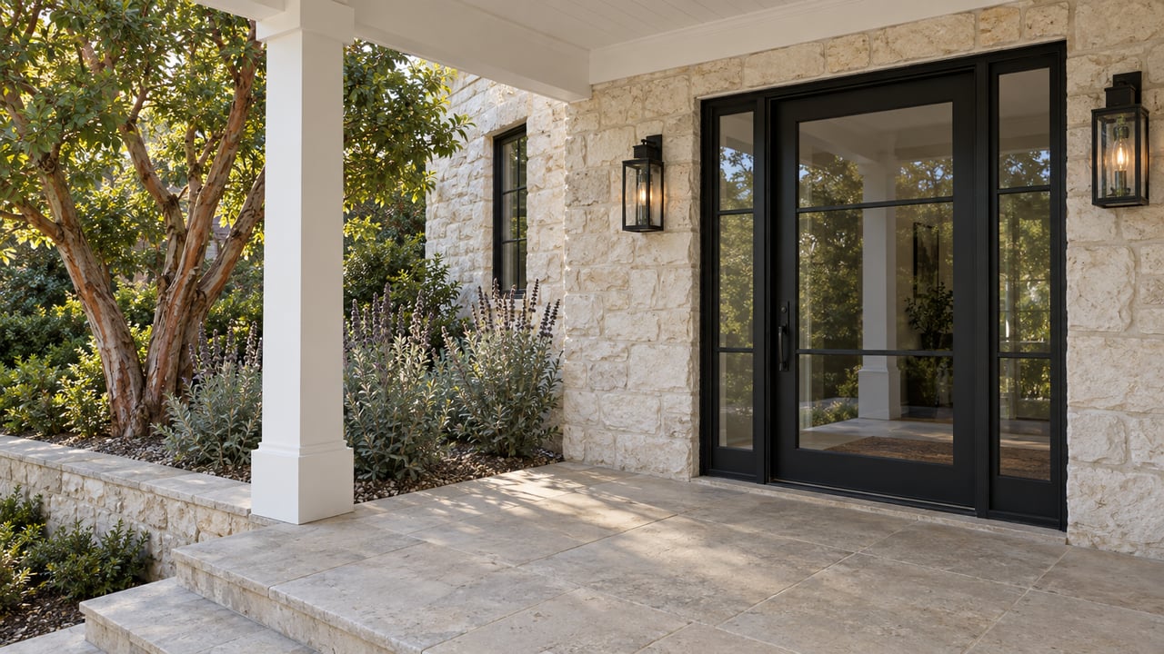 White-sided home entry with black-framed glass door, cream stone walls and limestone porch steps beside a strawberry tree and silver-leaved sage.