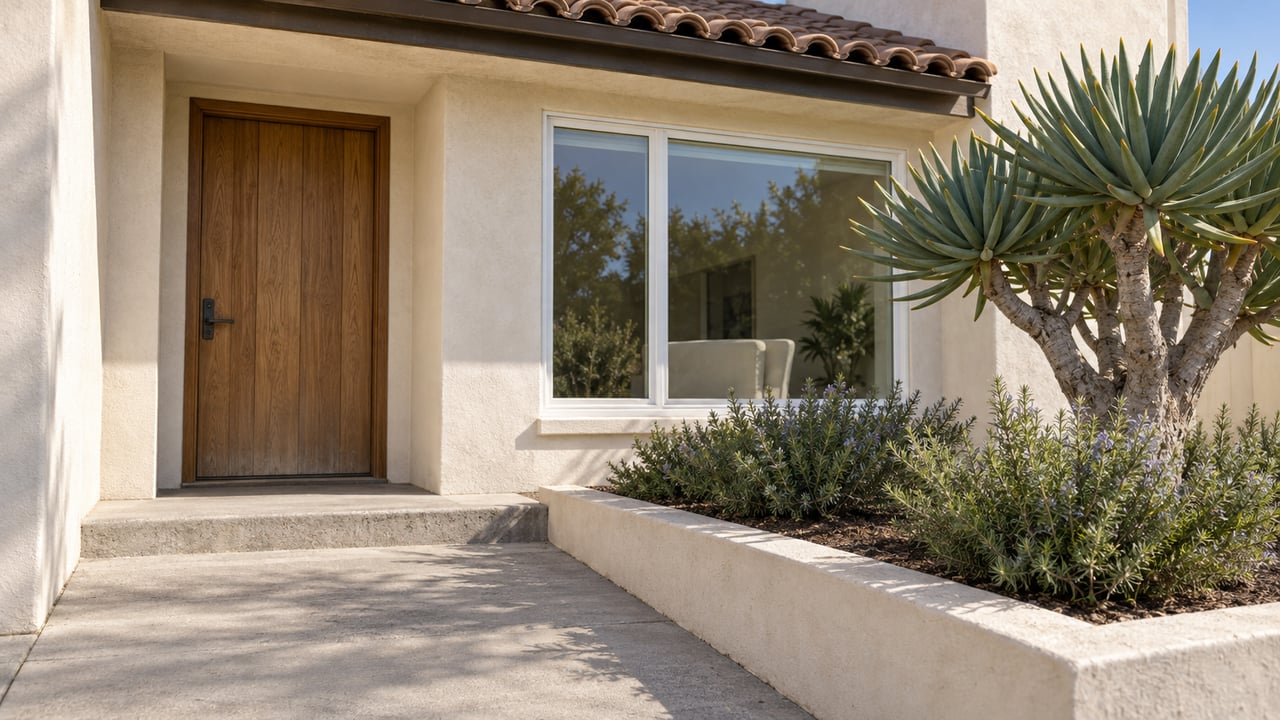 Sunlit ivory stucco home entrance with an oak door, broad picture window, concrete steps and a raised planter containing fan aloe and rosemary.