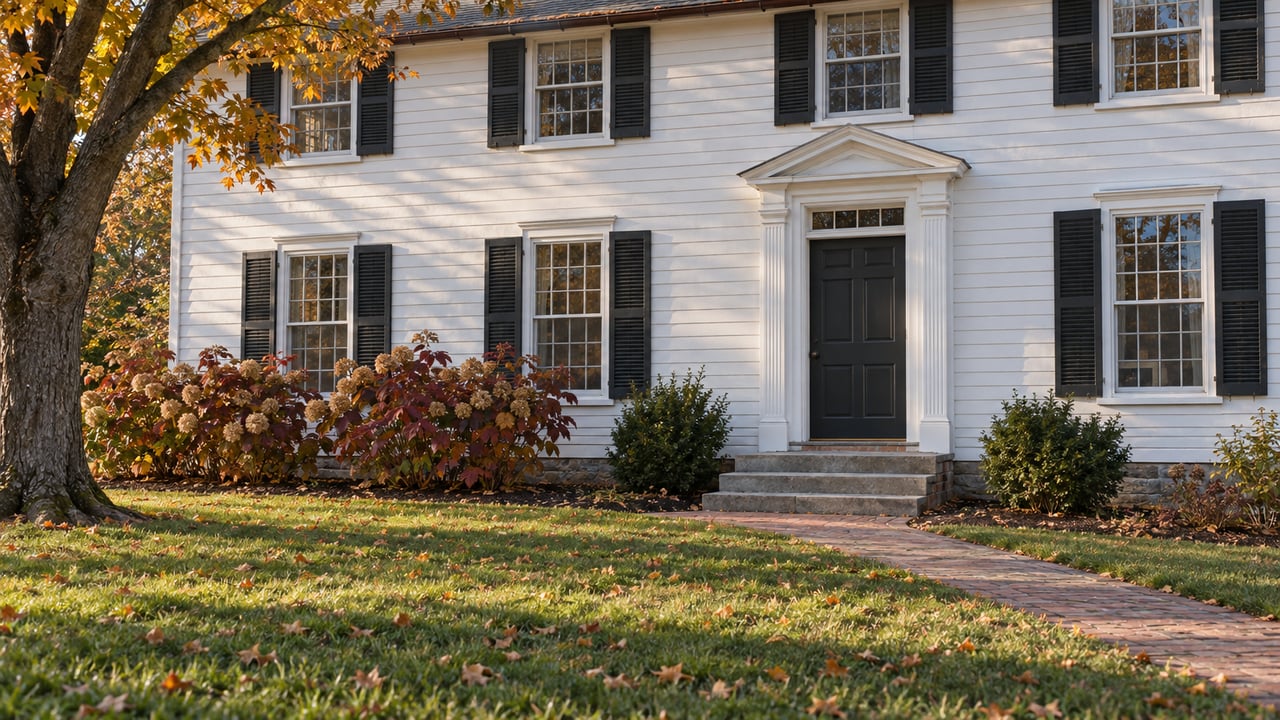White clapboard home with dark shutters, a traditional entrance, brick walk and a deep autumn lawn beneath a sugar maple.