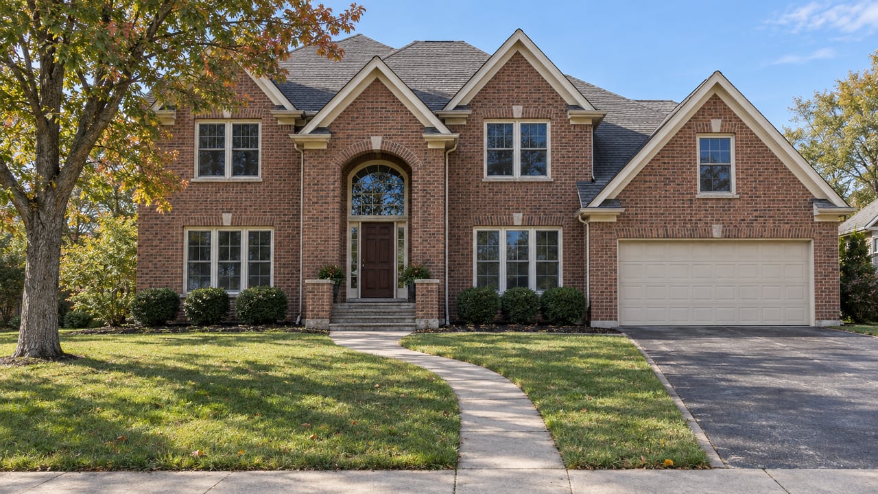 Two-story red-brick house with steep gray gables, cream window trim, an attached garage and a broad front lawn beneath an oak.