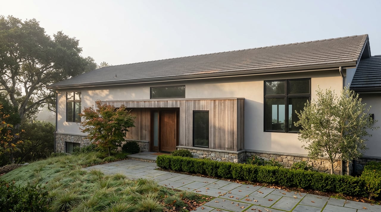 Hillside home with pale stucco, cedar siding, stone foundation, and a landscaped approach beneath an oak canopy.