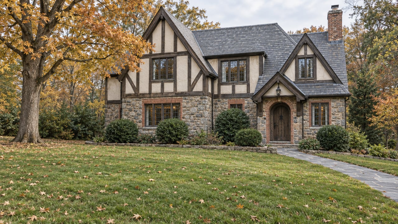 A slate-roofed half-timbered house with stone and brick walls behind a deep autumn lawn and a mature golden-leaved maple.