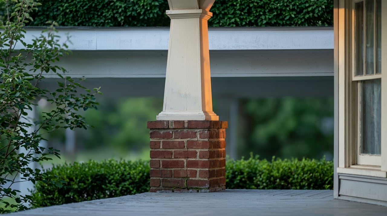 Cream-painted porch column rises from a red-brown brick pier, with blurred green leaves behind it.
