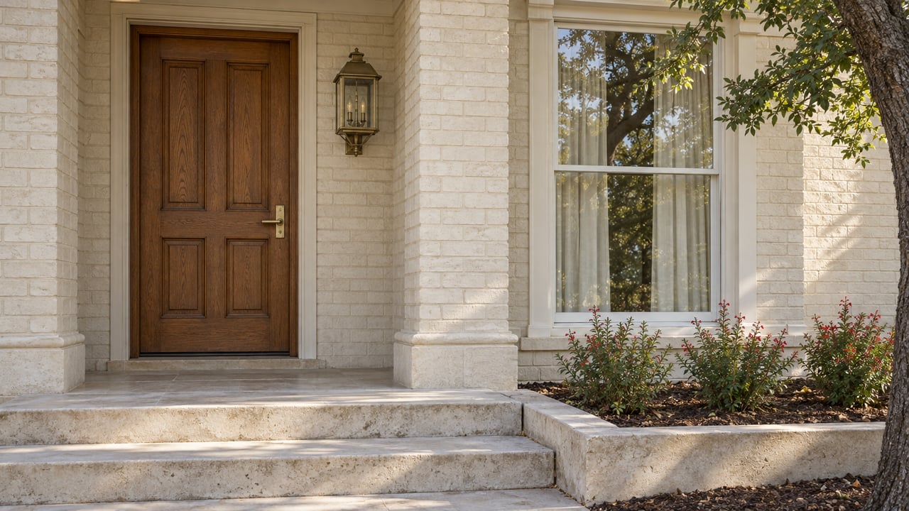 Cream-painted brick entry with an oak door, brass lantern, tall window and worn limestone steps beside flowering sage.