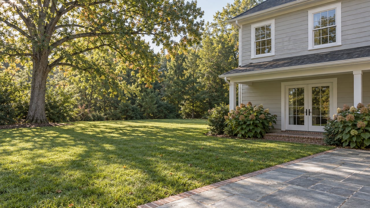 Pale gray two-story house beside a broad lawn, bluestone patio, and mature spreading oak.