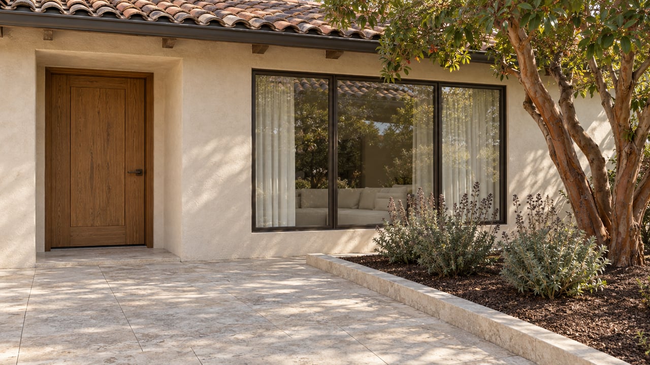 Sunlit stucco home with a weathered oak entry door, broad bronze-framed window and limestone approach beside a sculptural strawberry tree.
