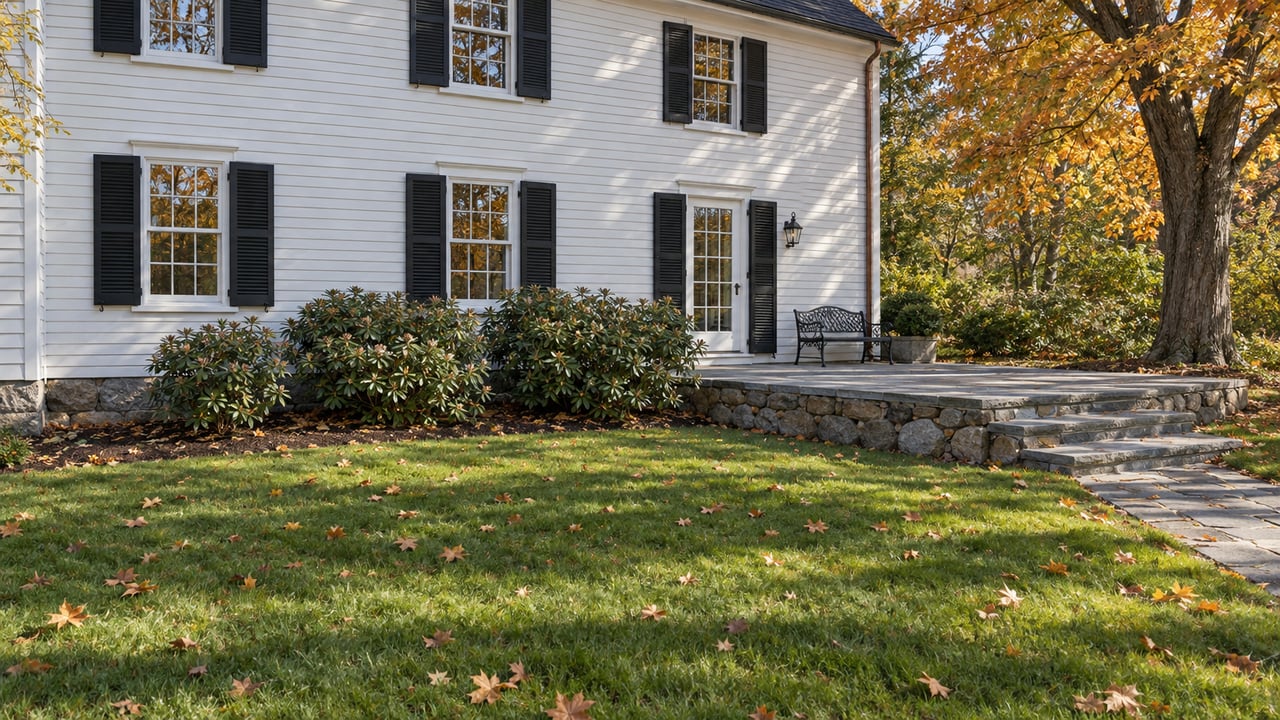 White clapboard house with black shutters, a weathered stone terrace and amber maple leaves across a deep autumn lawn.