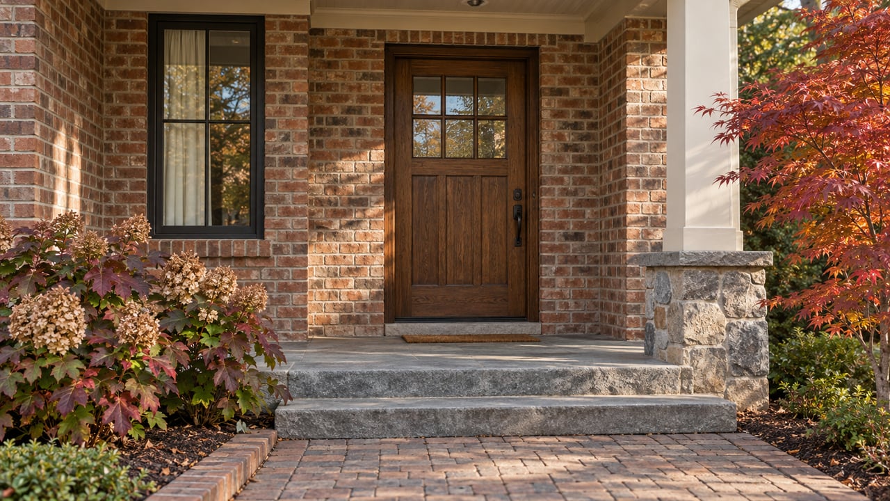 Close view of a brick home's sheltered oak front door, dark-framed window and stone steps beside autumn oakleaf hydrangeas and a Japanese maple.
