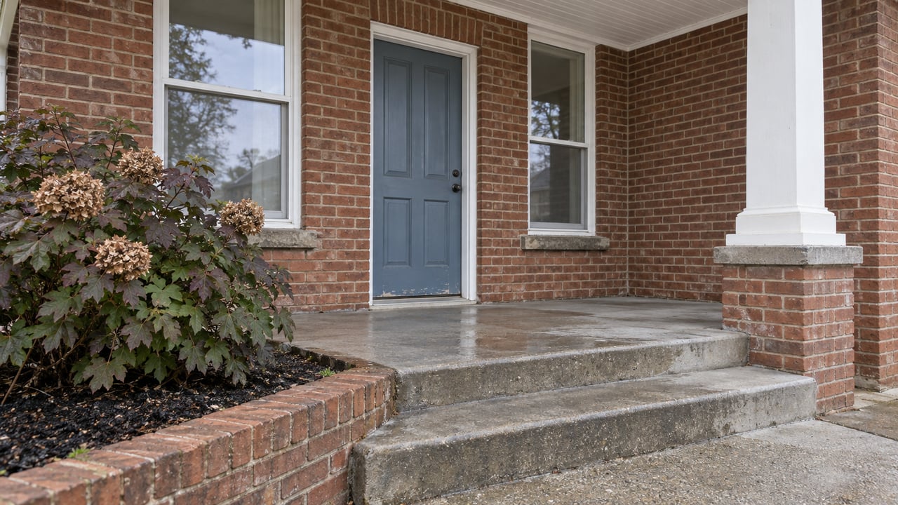 Brick home's covered porch with a blue paneled door, white-framed windows, weathered concrete steps and autumn oakleaf hydrangea.