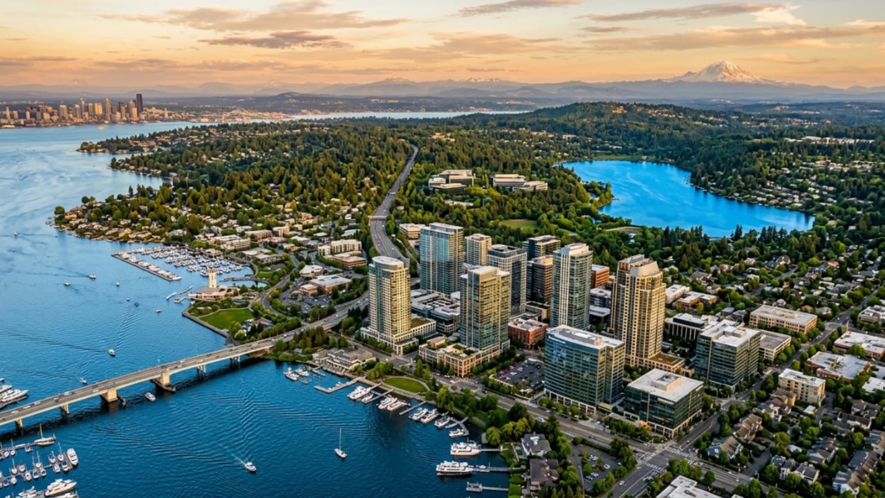 Aerial view of Bellevue, Kirkland, and Redmond neighborhoods on Seattle's Eastside.
