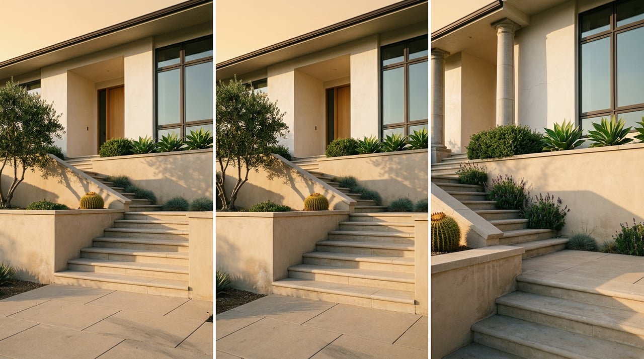 Stone stairs ascend through planted hillside terraces toward a recessed oak entry in a stucco home.