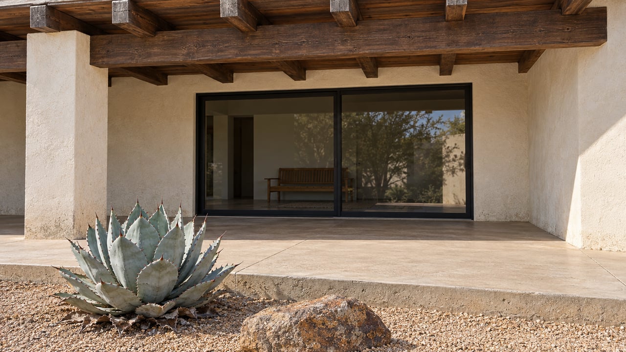 Timber-shaded veranda with ivory stucco, closed dark-framed glass doors, a raised concrete terrace, and one blue-gray agave in gravel.