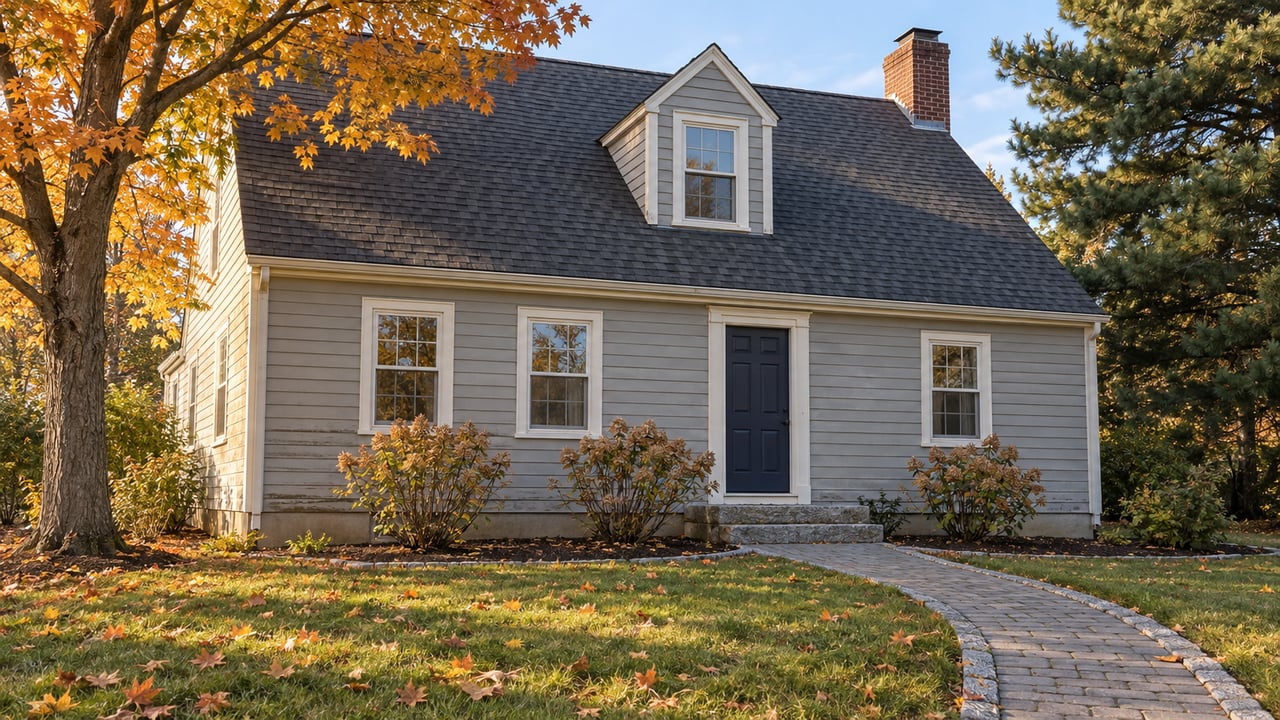 Gray clapboard Cape with white trim, a brick walkway, broad autumn lawn, orange maple canopy, and a mature pine.