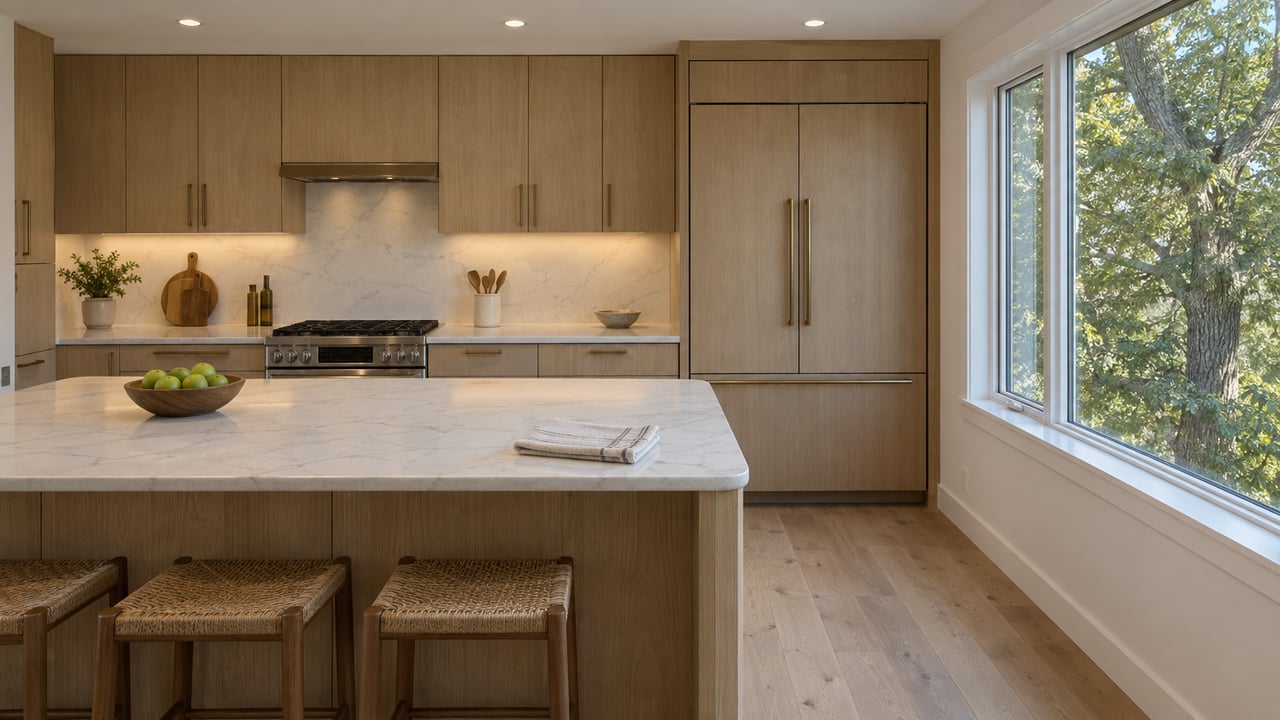 Compact kitchen with light-oak cabinets, a white-stone island, and a window overlooking leafy branches.
