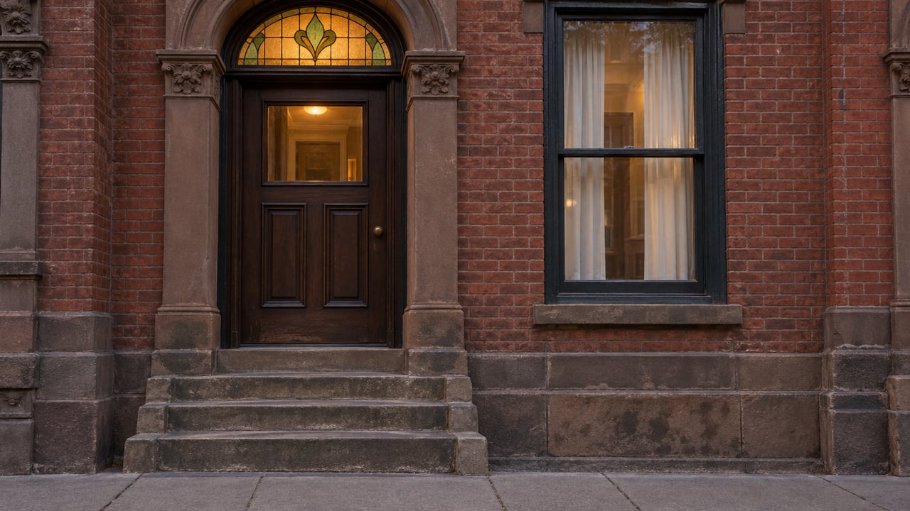 Evening light on a red-brick townhouse entry with worn sandstone steps, a walnut door, stained-glass transom and tall sash window.