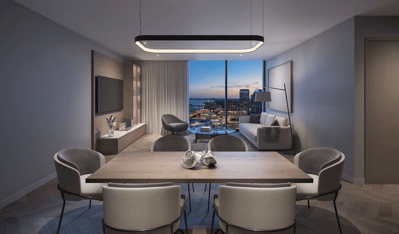 rendering of two bedroom suite at Hotel Ora Tampa with downtown views in dining and living room