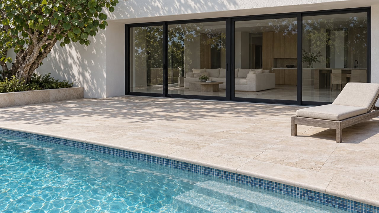 Sunlit limestone pool terrace with a teak lounge, white stucco home and closed black-framed glass doors.