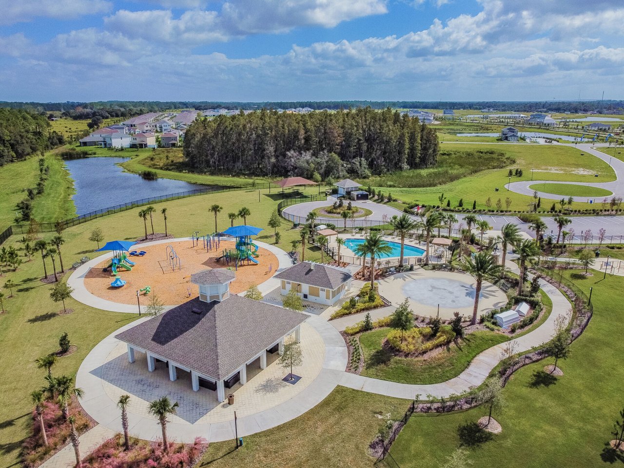 Wesley Chapel neighborhood amenities with a playground, pool, pavilion, and pond.