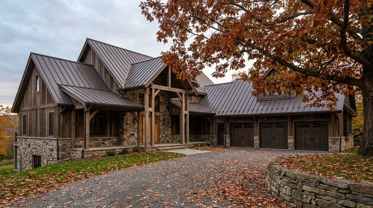 Country home with a three-bay timber garage, stone foundation, and red-orange oak canopy.